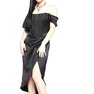 Black Satin Corset Top Off Shoulder Dress Boudoir Victorian Vampire Cosplay SM